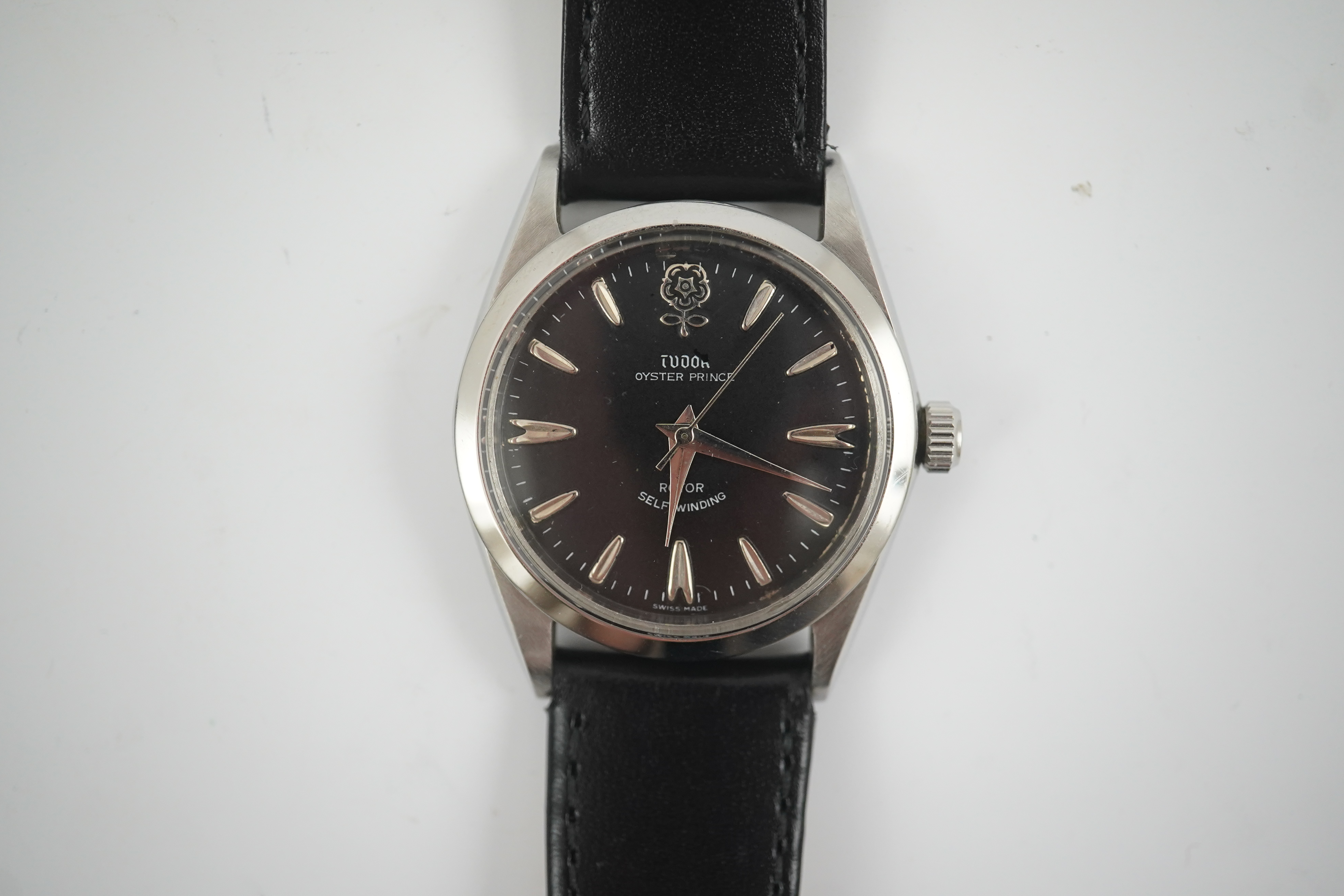 A gentleman's early 1970's stainless steel Tudor Oyster Prince Rotor Self-Winding wrist watch, on a later associated leather strap